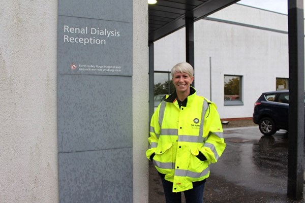 St John Scotland volunteer Kirstin Horner outside the Renal Dialysis Reception, Forth Valley Royal Hospital, 2020